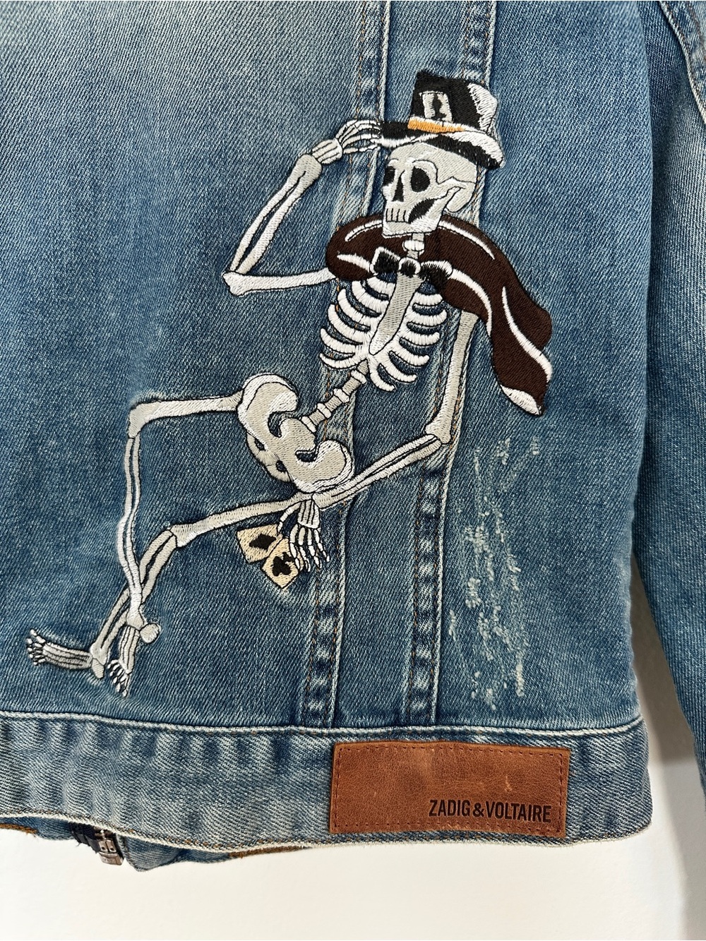 Zadig & Voltaire Light Wash Denim Embroidered Jacket with Animal Floral Skeleton - Picture 5 of 11